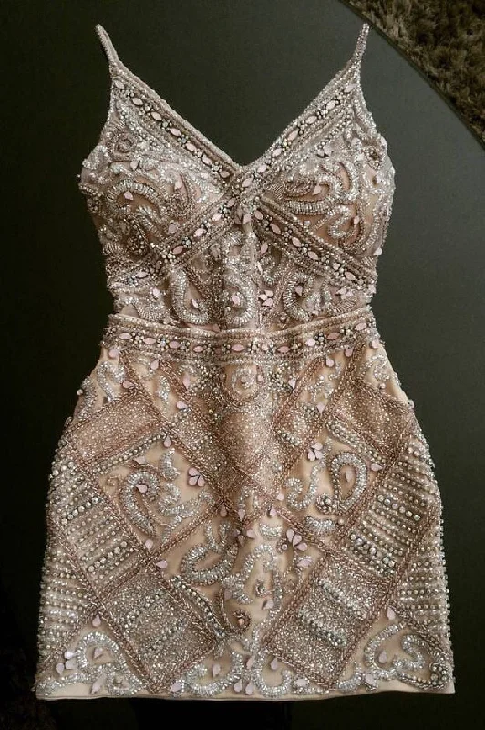Handmade dresses for unique fashion statementsSheath Spaghetti Straps Beaded Homecoming Dresses,Short Cocktail Dress OKC67