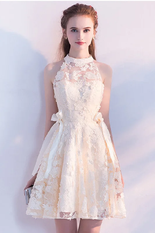 Evening gowns for formal eventsCute A-Line Lace Short High Neck Homecoming Dresses,Sweet 16 Dress OKC60