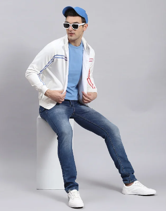 men's duffel coats with pocket squaresMen White Solid Stand Collar Full Sleeve Jacket