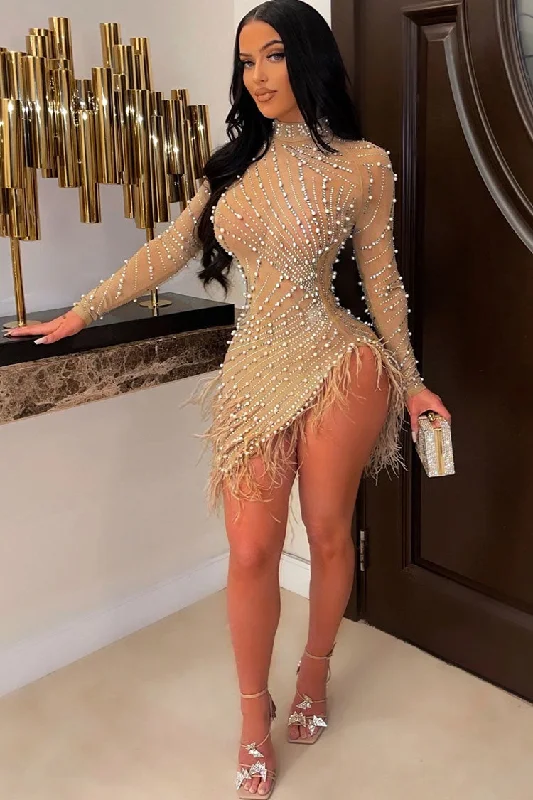 Workout dresses for active lifestylesSparkly Crystal High Neck Sheer Mesh Bodycon Feather Party Mini Dress - Apricot