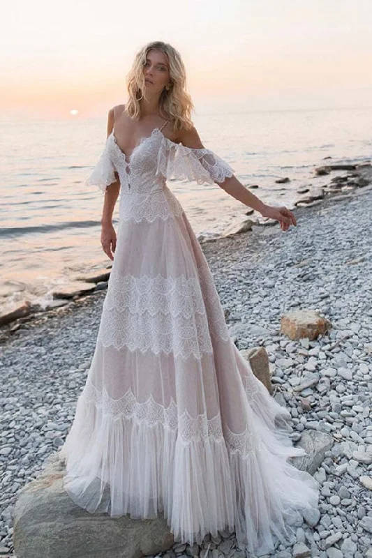 Long flowy dresses for womenRoycebridal Bohemian Tulle Lace Off-the-Shoulder Beach Wedding Dresses, Bridal Gown, MW687