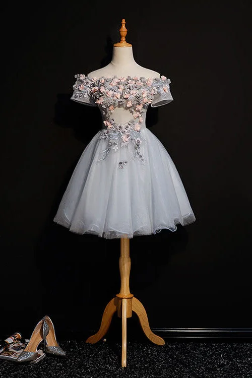 Dancewear dresses for performancesCute Gray Off the Shoulder Floral Appliques A-Line Tulle Homecoming Dresses OKC58