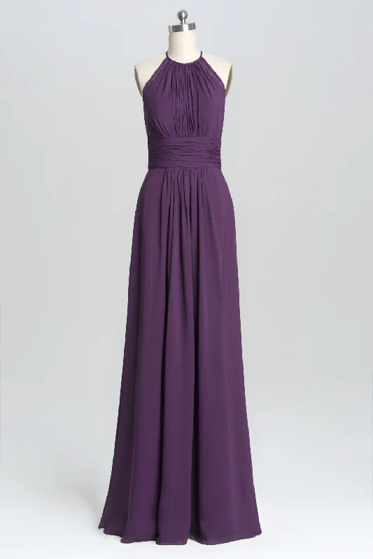 Lantern sleeve dresses for womenPurple Halter A-line Pleated Long Bridesmaid Dress