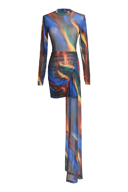 Cold-shoulder dresses for womenSexy Printed Sheer Mesh High Neck Draped Ruched Bodycon Club Mini Dress