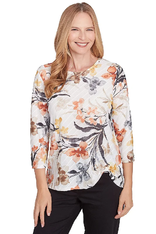 Autumn women's topsWatercolor Floral Diagonal Ribbed Top