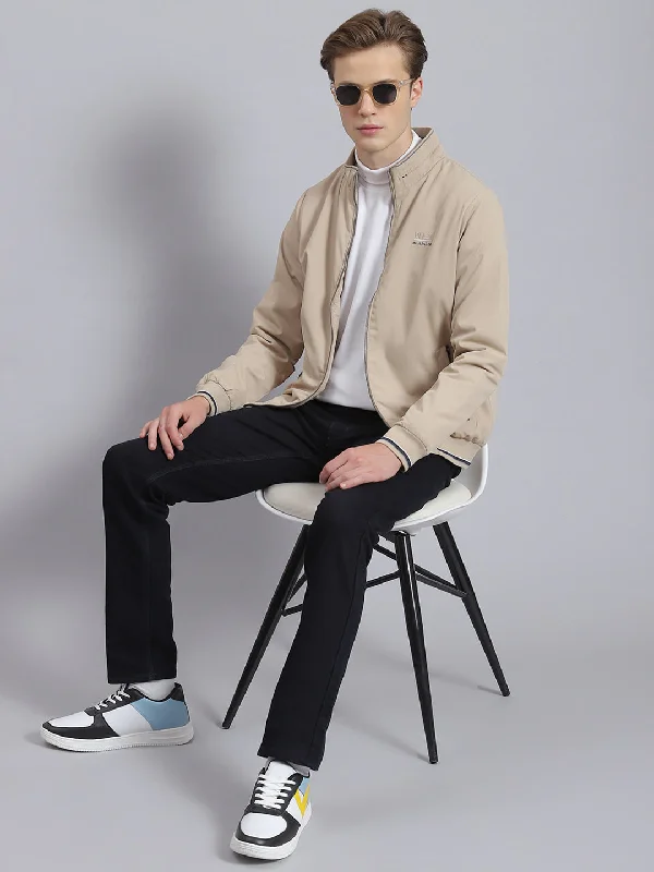 men's lightweight bomber jacketsMen Beige Solid Stand Collar Full Sleeve Jacket