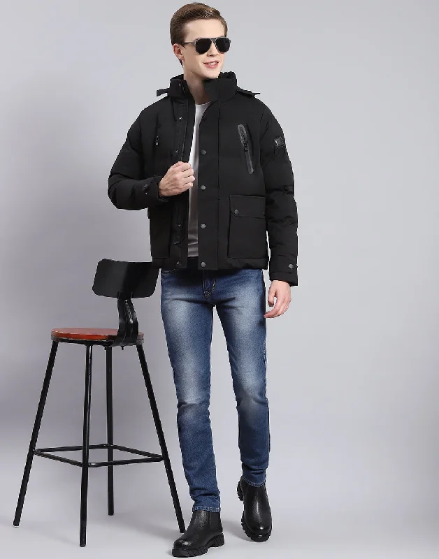 men's zip-up pea jacketsMen Black Solid Hooded Full Sleeve Jacket