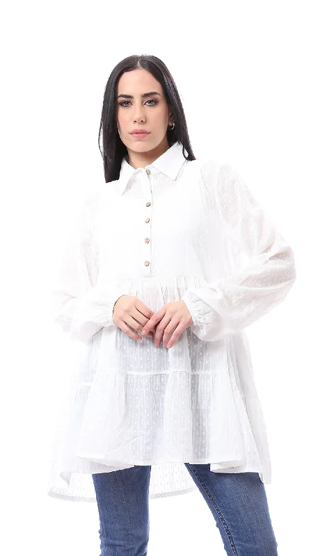 Scoop neck women's tops97044 Self Pattern Long Sleeves Buttoned Long Blouse