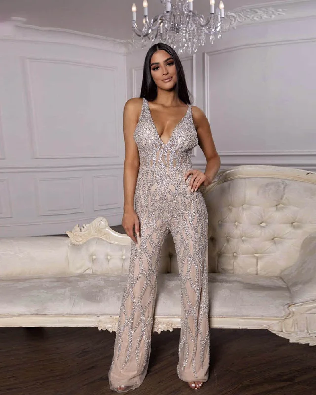 Cool women's shorts for summerSiaoryne Luxury V Neck Nude Beading Jumpsuit Evening Formal Gowns Dress Long Sleeveless