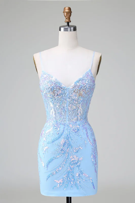 High-slit dresses for womenSparkly Blue Bodycon Spaghetti Straps Corset Short Homecoming Dress with Sequins