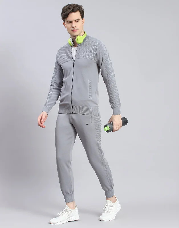 men's UV-protective shirtsMen Grey Self Design Stand Collar Full Sleeve Tracksuit