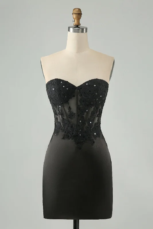 Sack dresses for womenBlack Bodycon Sweetheart Corset Short Homecoming Dress with Appliques