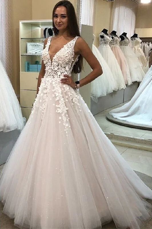 Linen dresses for summerRoycebridal Elegant Tulle A-line V-neck Wedding Dresses with Appliques, Bridal Gown, MW665