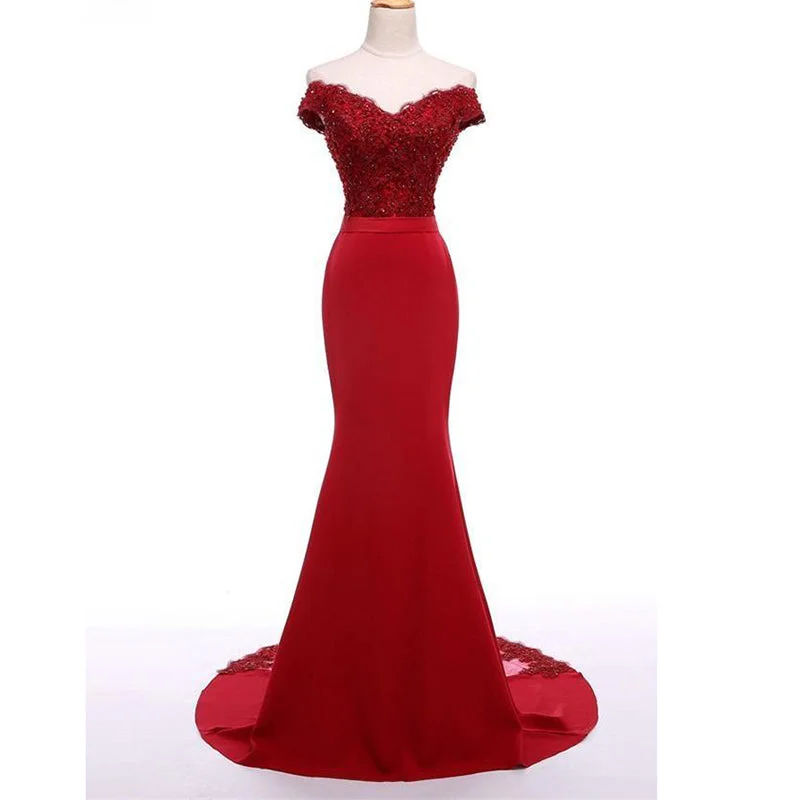 Summer dresses for hot weatherSiaoryne LP003 Red Lace Mermaid Bridesmaid Dress off the Shoulder Wedding Guests Dress