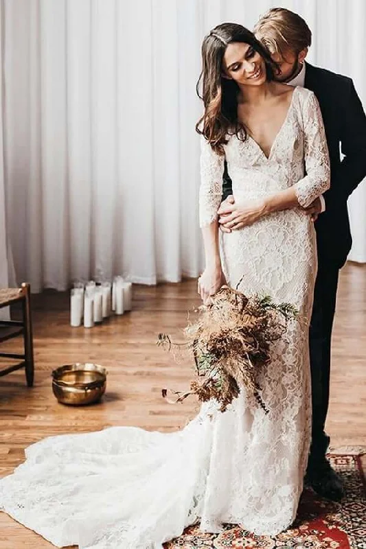 Bodycon dresses for womenRoycebridal Vintage Mermaid Lace V-neck Boho Wedding Dresses With Chapel Train, MW686