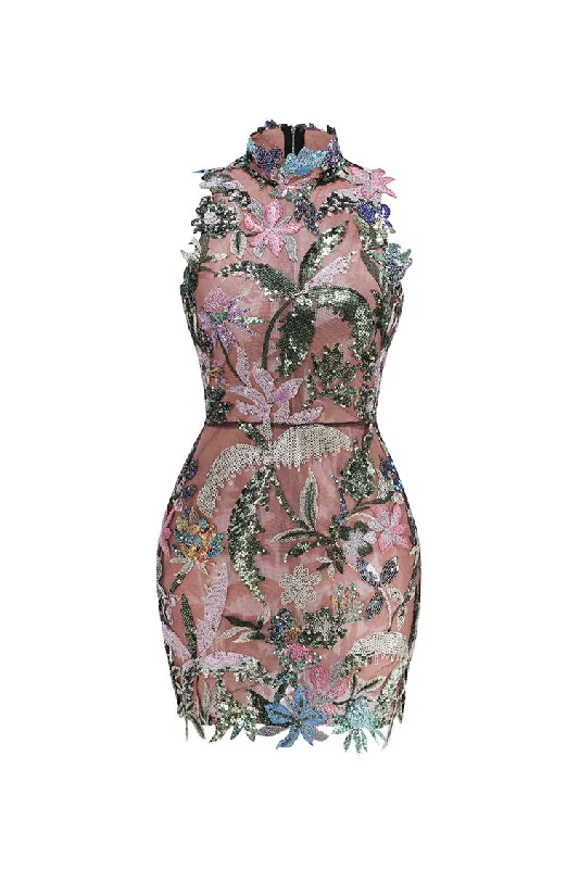 Bridal dresses for womenTropical Floral Embroidered High Neck Sleeveless Sequin Sheer Mesh Mini Dress
