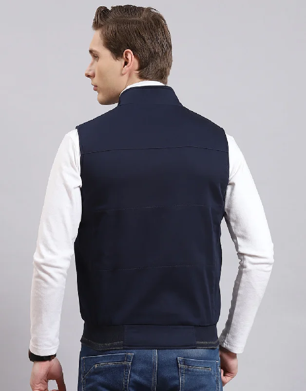 men's wool-blend trench coatsMen Blue Solid Stand Collar Sleeveless Jacket