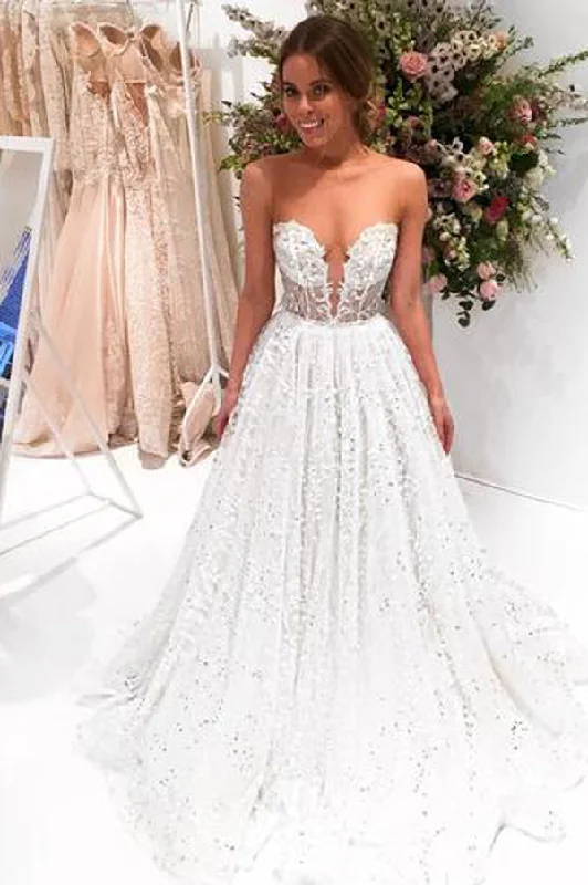 Low-cut dresses for womenRoycebridal Chic Sparkly Bateau A-line Sexy Long Lace Wedding Dress Sweep Train, MW285