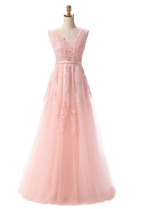 Spaghetti strap dresses for womenPearl Pink Lace Appliques Backless Bridesmaid Dress