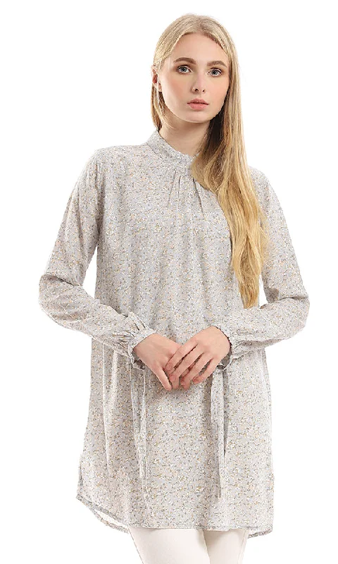 Affordable women's tops96832 Back Buttoned Full Sleeves Floral Blouse - Grey