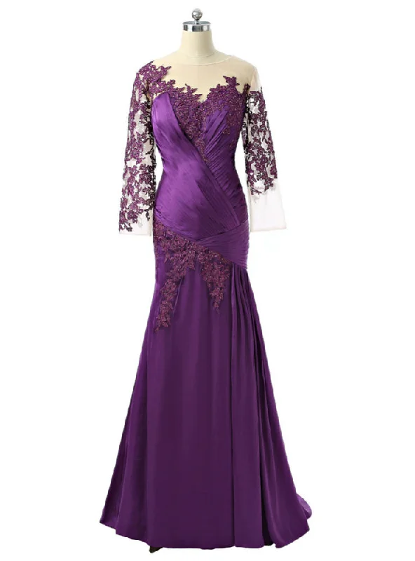 Maxi dresses for womenMermaid 3/4 Sleeves Purple Satin Appliques Mother Of The Bride Dresses