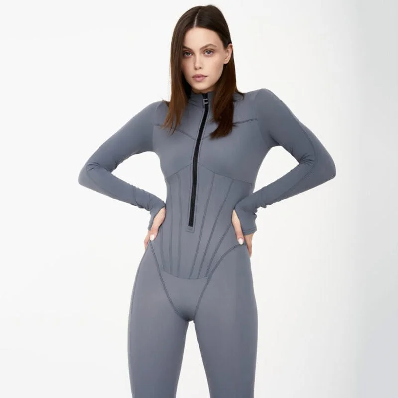 Bohemian-style women's shorts2025  Popular trade women's clothing sexy tight zipper jumpsuit  style autumn new long-sleeved crew neck leggings