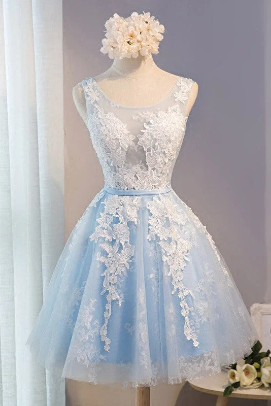 Flutter sleeve dresses for womenA-Line Lace Appliques Round Neck Sky Blue Short Homecoming Dresses OKD7