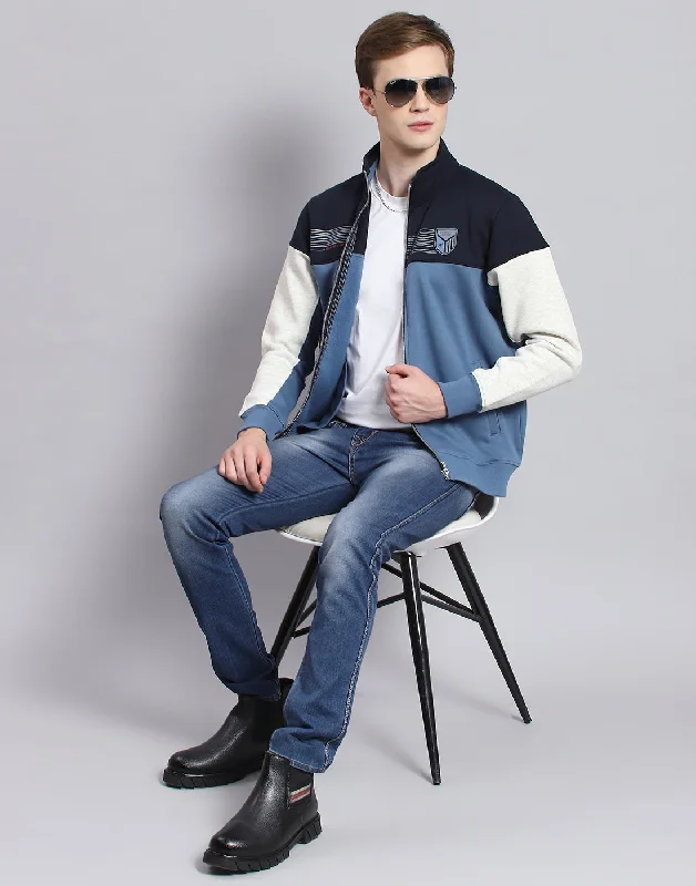 men's sports shirts with sponsors' logosMen Blue Solid Stand Collar Full Sleeve Sweatshirt
