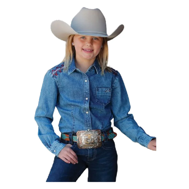 Off-the-shoulder women's topsCTW8980001 Cruel Girl Girls' Long Sleeve Denim Western Snap Shirt - Indigo