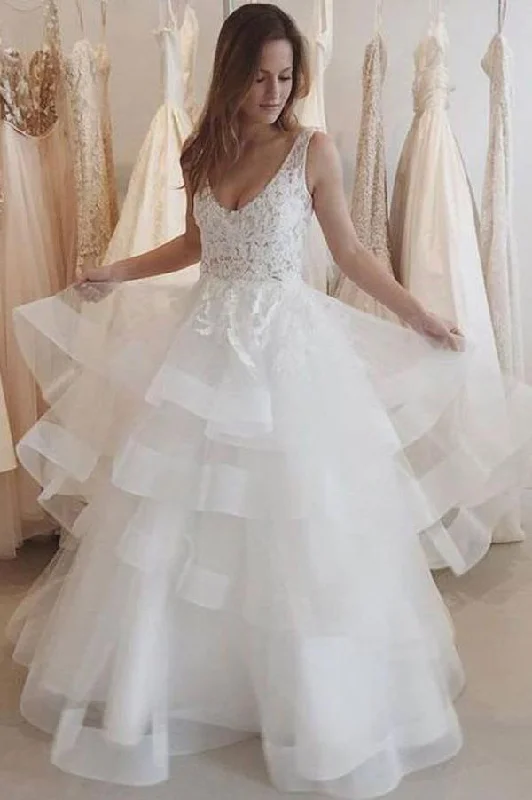 Cocktail dresses for womenRoycebridal Ivory Organza Backless See-through Lace Appliqued Long Wedding Dresses, MW179