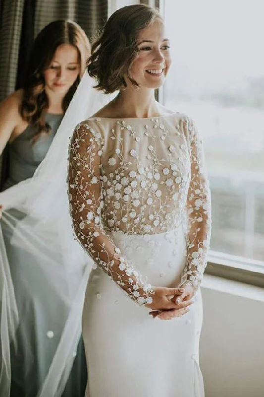 Winter dresses for cold weatherRoycebridal Lace Satin Scoop Mermaid Open Back Long Sleeves Slit Wedding Dresses, MW636