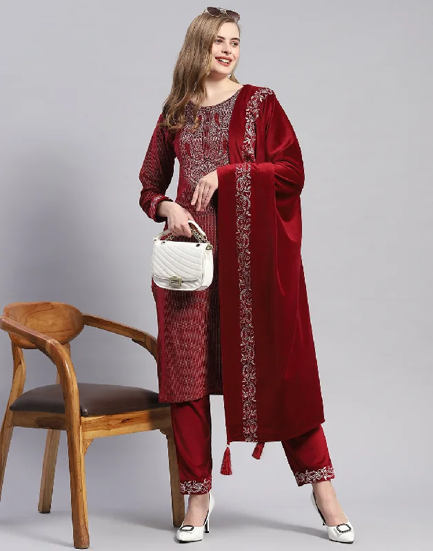 Shift dresses for womenWomen Maroon Self Design Round Neck Full Sleeve Kurti+Lower Set