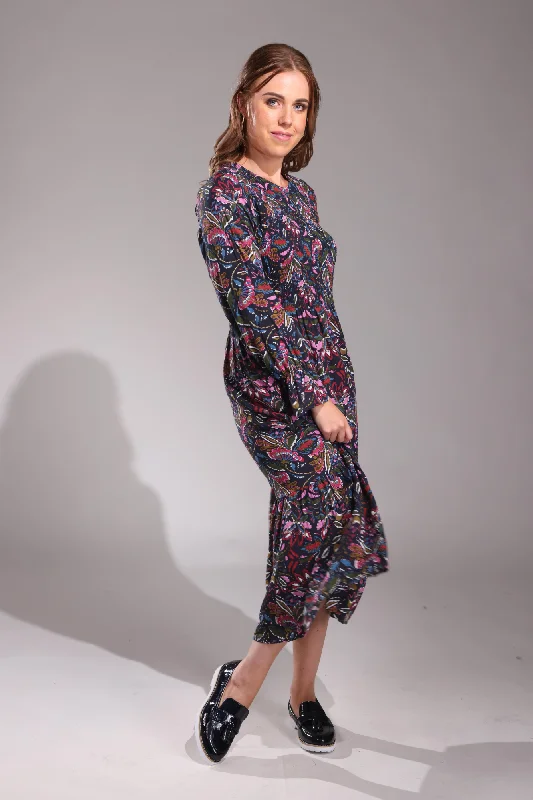 Ruched dresses for womenShirred front Cotton Rayon Dress | Navy Olive Floral | 6542ZZ