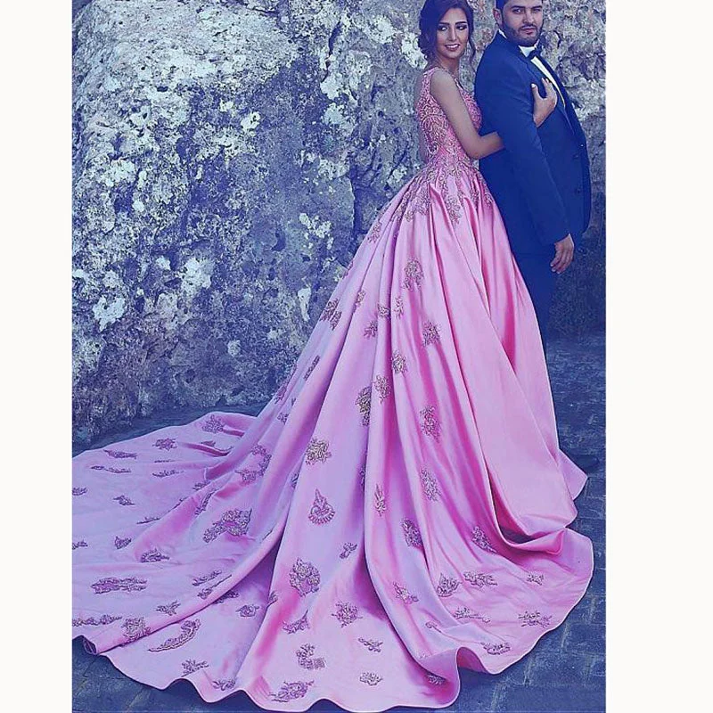 V-neck dresses for womenFantastic Custom Made Pink A Line Lace Prom Dresses Satin Wedding Gown 2022 Formal Wear