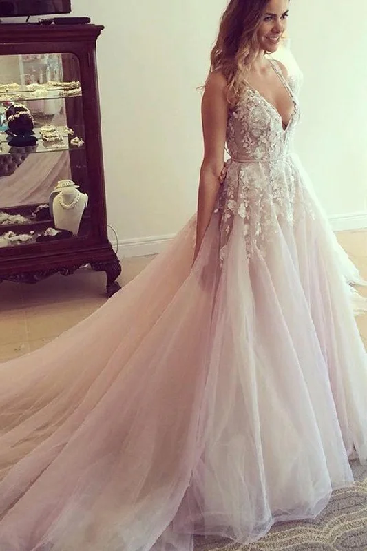 Glamour dresses for red carpet appearancesRoycebridal Pink A-line V-neck Sheer Back Long Wedding Dresses with Appliques, MW245