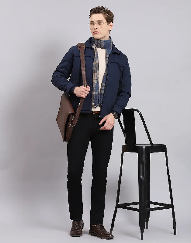 men's shearling-lined car coatsMen Navy Blue Solid Collar Full Sleeve Jacket