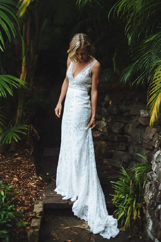 Lace dresses for womenRoycebridal Ivory Lace Mermaid Open Back V-neck Long Beach Wedding Dresses, MW682