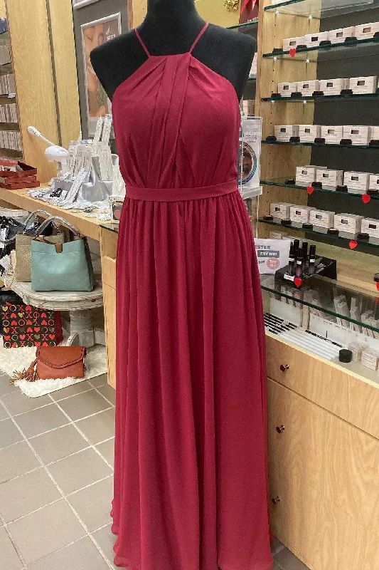 Backless dresses for womenRed Chiffon Halter Backless A-Line Long Bridesmaid Dress