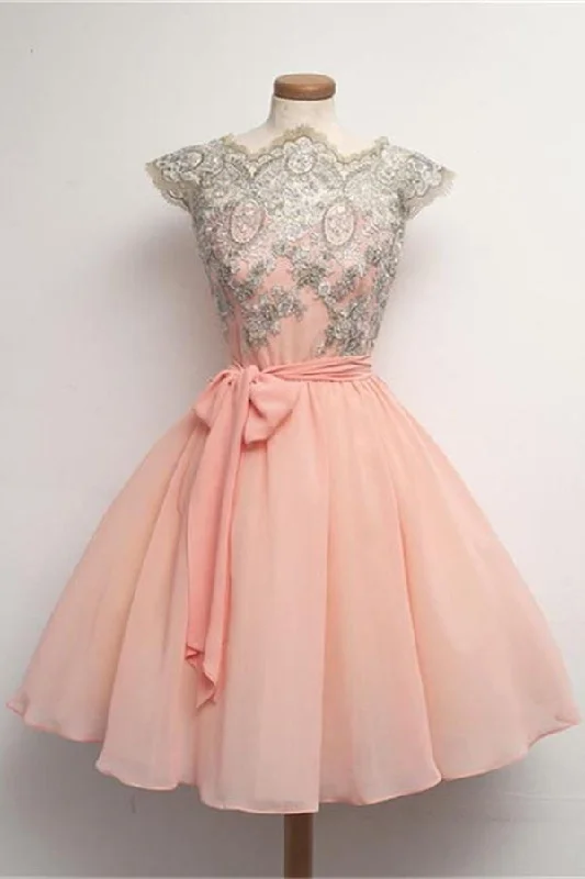 Corduroy dresses for womenBlush Pink Lace Short Chiffon Homecoming Dress With Belt K182