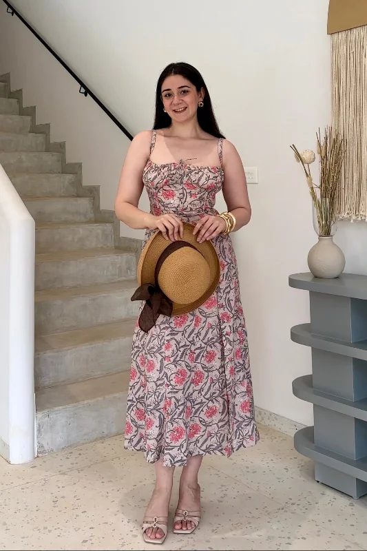 Bridal dresses for womenEstelle Beige Printed Cotton Bustier Sundress