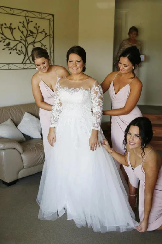 Bridesmaid dresses for womenRoycebridal Ivory Tulle Lace A-line Modest Long Sleeves Plus Size Wedding Dresses, MW788