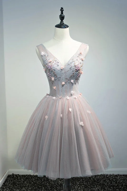 Linen dresses for summerA-Line Lace Floral Short V Neck Tulle Homecoming Dresses OKD2