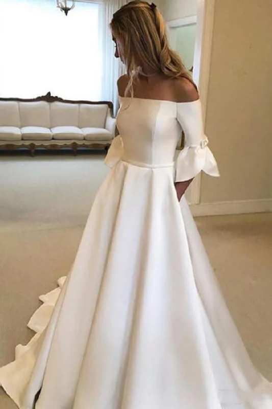 Little black dresses (LBDs) for womenRoycebridal Ivory Satin A-line 3/4 Sleeves Off Shoulder Wedding Dresses with Pockets, MW663