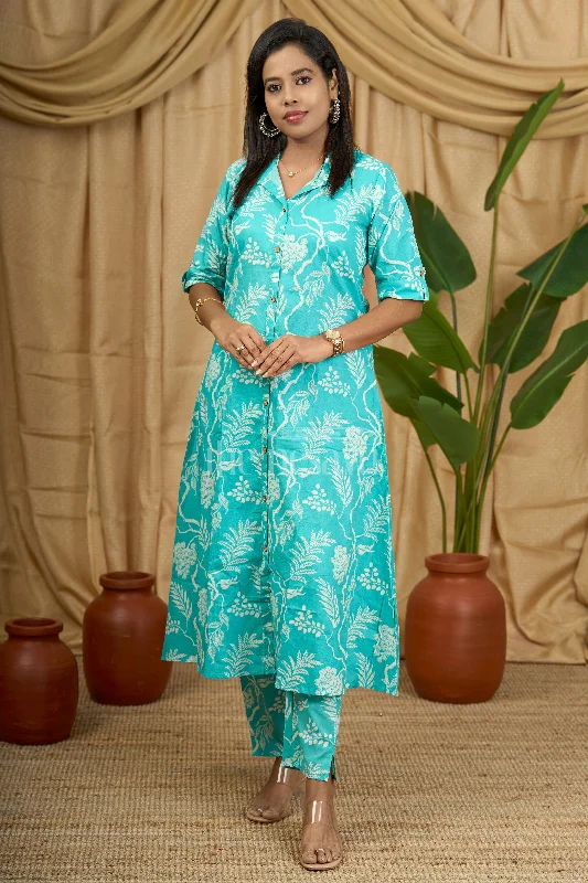 Spaghetti strap dresses for womenWomen's Flared Kurtha in Blue Cotton with White Botanical Print for Casual and Festive Wear