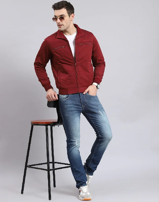 men's zip-up pea jacketsMen Red Solid Collar Full Sleeve Jacket