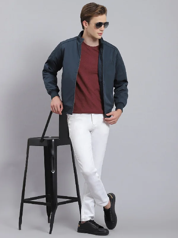 men's two-button blazersMen Teal Blue Solid Stand Collar Full Sleeve Jacket