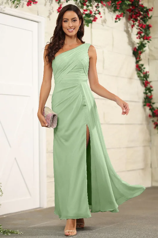 Sack dresses for womenOne Shoulder Chiffon Long Bridesmaid Dress with Split