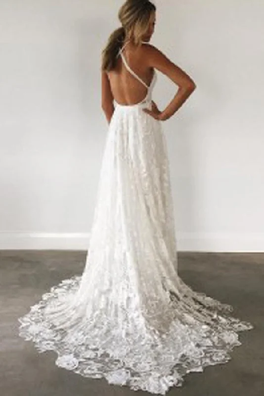 Lace dresses for womenRoycebridal Ivory Lace Open Back Spaghetti Strap Side Split Beach Wedding Dresses, MW169