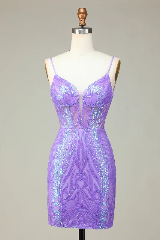 Peplum dresses for womenStylish Lilac Bodycon Sequins Corset Homecoming Dress with Criss Cross Back