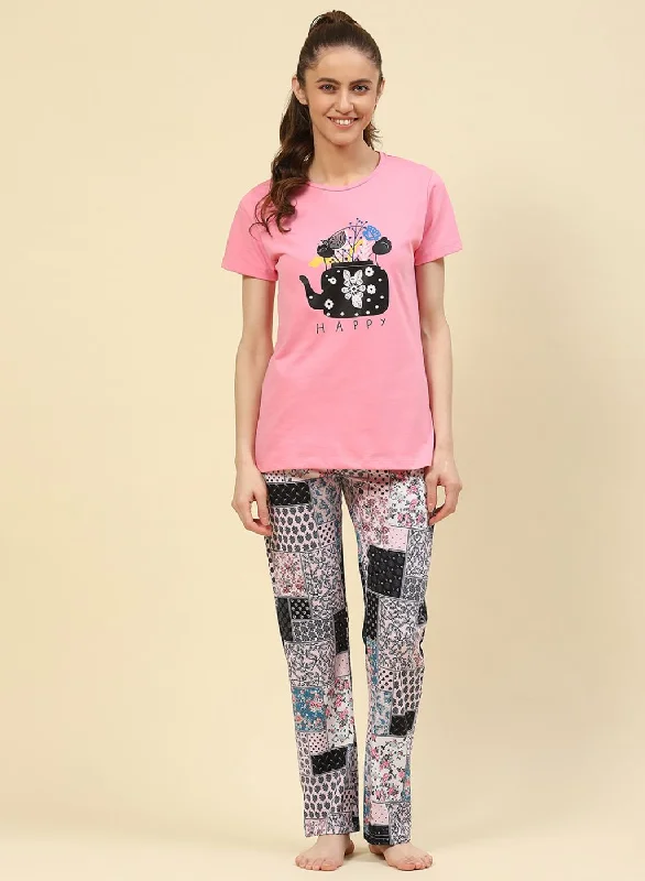 Denim women's shortsWomen Pink Printed Lower Set